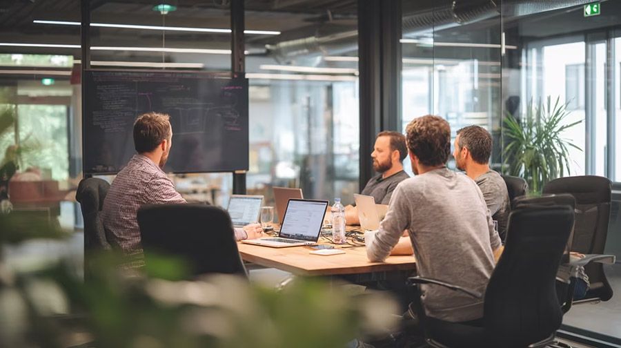 A small technology team reviewing a project together at a shared table